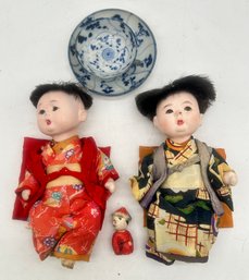 Asian Lot, 3 Vintage Dolls, And Antique Blue & White Tea Cup & Saucer