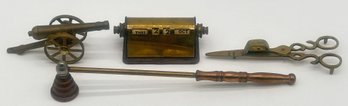 4 Pcs Vintage Brass Wick Snippers, Cannon Paperweight, Candle Snuffer, 11'L, Adjust Date Desktop Calendar