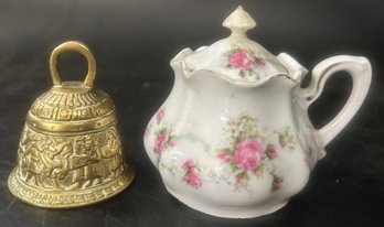 Vintage RS Prussia Lidded Condiment Pot, 3.5'H And Embossed Solid Brass Bell