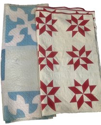 2 Pcs Vintage Quilted Coverlets, Red & White Pin Wheel, 82' X 75' And Blue & White Drunkard's Path, 81' X 66'