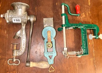 3 Pcs Vintage Kitchenwares - Enterprise 501 Meat Chopper, Apple Peeler & Lorraine Grinder