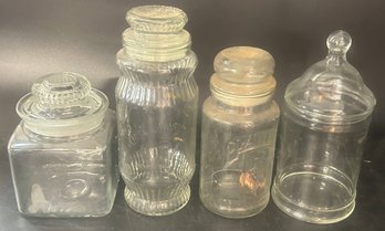 4 Pcs Clear Glass Containers, 2-Planter's Peanut Jars, Ground Stopper Apothecary And Other