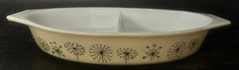 Vintage Oval Pyrex 1-1/2 Qt Dandelion Pattern Divided Oven To Table Dish, 12.5' X 8.5' X 2'D (No Lid Present)