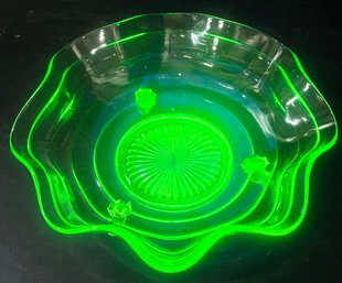 Vintage Green Uranium Glass Tri-Footed Ruffled Edge Center Piece Bowl, 10.25' Diam.