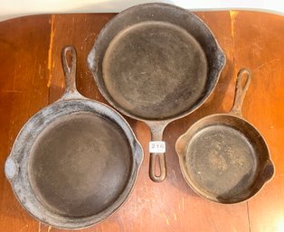 3 Pcs Vintage Griswold Cast Iron Skillets, No. 4, No. 7, & No. 8