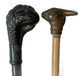 2 Pcs Antique Ladies Walking Sticks, One With Rabbit's Head, 35'L & Other With Eagle's Claw & Ball, 34'L