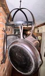 6 Pcs Vintage Cast Iron Skillets Including Wagner And Wrought Iron Round Ceiling Hanger, 14' Diam.