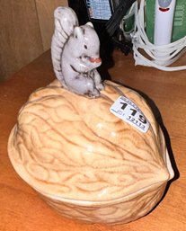 Glazed Ceramic Walnut Cand Dish With Gray Squirrel Finial - 6 X 5 X 7.5' H