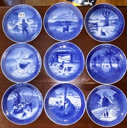 9 Pcs Royal Copenhagen Ltd Ed 1965-1973 Blue & White Christmas Collector Plates, 7.25' Diam.