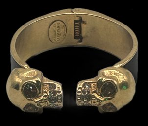 Nice Alexander McQueen Hinged Double Skull & Rhinestone Cuff With Black Leather Inserts On Gold Tone Bracelet