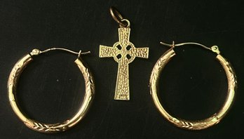 14K Cross And 14K Pair Of 1' Hoop Earrings With Simple Yet Elegant 'JCW' Wheat Etching, 2.24 Dwt