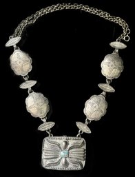 Vintage Early 1970 Este Lauder Concho Style Silver/Pewter Color 24'L Necklace With Perfume/Coin Locket