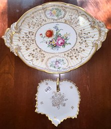 White & Gold Decorated Platter, 16' X 12' And Leaf Shaped Bonbon Dish