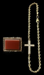 2 Pcs 10K Rope Chain 7.5'L Bracelet With Cross & CZs And Victorian Red Sardonyx Carnelian Banded Agate Pin