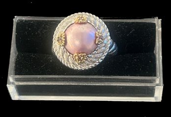 Vintage Judith Ripka Signed .925 Sterling & Pink Mabe Pearl Ring Sz 7.75, Twisted Rope Shank & 4-Pink Stones