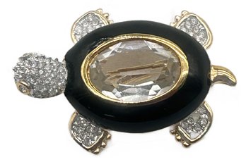 Swarovski Large Clear Faceted Crystal With Black Enameled Turtle Pin With Pave Crystals Head & Feet, 1.75'