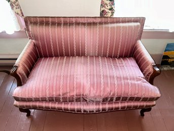 Vintage French Provincial Settee With Single Cushion In Striped Upholstery, 52' X 26' X 30.5'H, Sun Struck