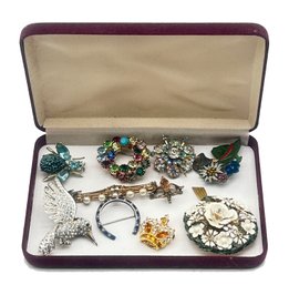 10 Pcs Vintage Lot Of Brooches & Pins - Rhinestone, Pearls And Enameled, Two Signed Pieces