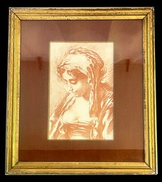 Framed Sanguine Of Francois Boucher's Rococco Style Jeaune Femme La Tete Penchee A Gauche, 17.5' X 19.75'H