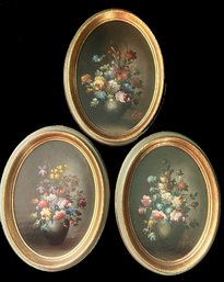 3 Pcs Similar Vintage Italian Oval Floral Oil Paintings On Board, 6-3/8' X 8.75'H