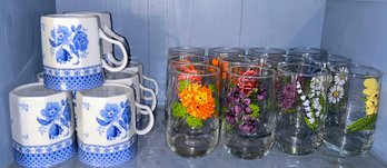 20 Pcs - 12-Similar Floral Decorated Tumblers And 8-Blue & White Coffee Mugs