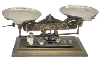 Vintage Pelouze Manufacturing Co Grain Apothecary Scales With Oringal Information Card (Missing One Weight)