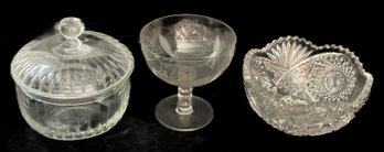 3 Pcs - Deep Cut Sawtooth Scalloped Edged Bowl, 8' Diam. & 2 Etched Crystal, Stemmed Bowl & Covered Bowl