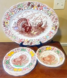 Vintage Barker Bros. Huge Oval Turkey Platter, 20' X 16', 2 Serving Bowls And 5-10.75' Diam. Dinner Plates