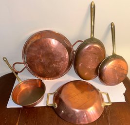 5 Pcs Vintage Copper And Brass Cookware Pans & Skillets, Including 2-Copral