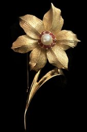 Vintage Boucher Signed And Numbered Gold Tone Flower Pin With Red Stones Circling Cultured Pearl, 2.75'L