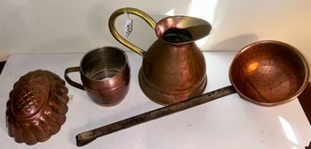 4 Pcs Vintage Copper-Ladle With Wrought Iron Handle 17.75'L, Mold, Pitcher W/Brass Handle & Mug