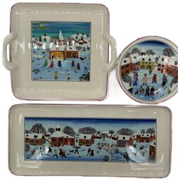 3 Pcs Vintage Villeroy & Boch Naif Christmas, LAPLAU, Covered RD Box, Rect 13.5' X 6.25' & Square Platters