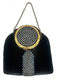 Vintage Vans Ladies Black Velvet & Rhinestone Studded Formal Evening Bag With Compact Top, 4.75'7'H