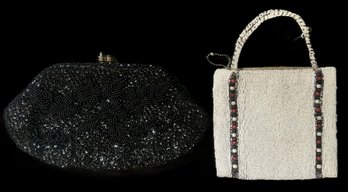 2 Pcs Vintage Ladies Beaded Evening Bags - White Micro-Beaded Purse & Black Beaded & Sequin Clutch, 9.5'L