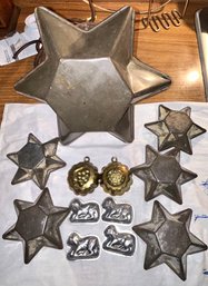 13 Antique Tin Molds, 5-Lamb Butter Pats And 7-6-Pointed Stars, Largest 9' Diam.