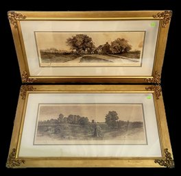 2 Pcs Similarly Framed Etchings, 1897 Antique Pencil Signed GH Randall And Other Of Hay Stacks, 31.5' X 17.5'H