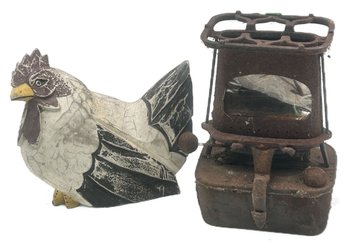 Yard Art - Carved Wooden Chicken And A Sad Iron Kerosene Heater With Lots Of Patina