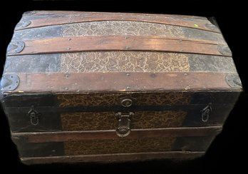 Antique Camel Back Trunk, Embossed Foliate Tin & Wood Slats, 35' X 19' X 24'H, Original Liner Paper