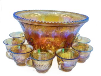 Vintage Carnival Glass Grape Themed Punch Bowl, 12' Diam. X 7'H And 12 Cups, Saw Tooth Rim