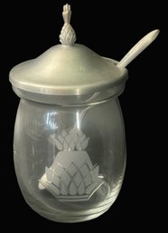CT House Pineapple Etched Jam Jar With Pewter Lid And Spoon, 5.5'H