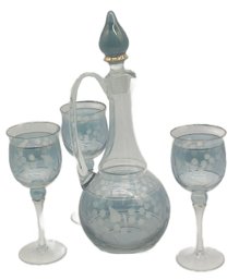 Gorgeous 4 Pcs Etched Blue & Clear Glass With Gold Trim, Decanter With Stopper 15.5'H & 3-Wine Glasses