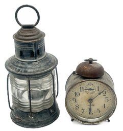 2 Pcs Vintage Monitor Wind-Up Alarm Clock & 1910 Triplex Tin & Brass Lantern With Clear Ribbed Lense (Cracked)