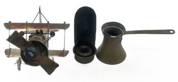 3 Pcs Brass No. 10 Measure, Tin Candle Holder & Copper Art Musical Bi-Plane, 7.5' X 10' X 7'H