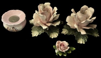 4 Pcs Vintage Porcelain - Pair Italian Rose Candle Stick Holders, 6' Diam. X 4'H, Small Rose & Hair Receiver