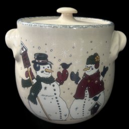 Vintage 2000 Home & Garden Party Snowman Themed Cookie Jar, 8.5' Diam. X 7.75'H