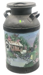 Nice Large Tole Painted Milk Can With Covered Bridge Scene & Deer, 13' Diam. X 34'H, Signed Sharon Winslow