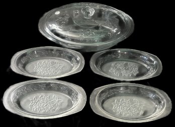 Oval Covered Glass Serving Dish With Embossed Flowers, 13' X 9' X 5.5'H & 4-Oval Embossed Dessert Bowls