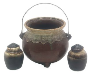 3 Pcs Brown Drip Glazed Salt & Pepper Shakers And Bean Pot 6.25'H With Bail Handle (Lid Not Present)