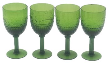 4 Pcs Large Stemmed Green Pressed Glass Water Goblets, 8'H