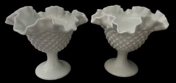 2 Pcs Vintage Matched Pair Of Fenton Ruffled Edge Milk Glass Hobnail Footed Compotes, 6.5' Diam. X 5.5'H